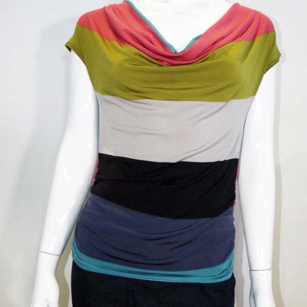 Multicolored Cowl Neck Short Sleeved Blouse - L